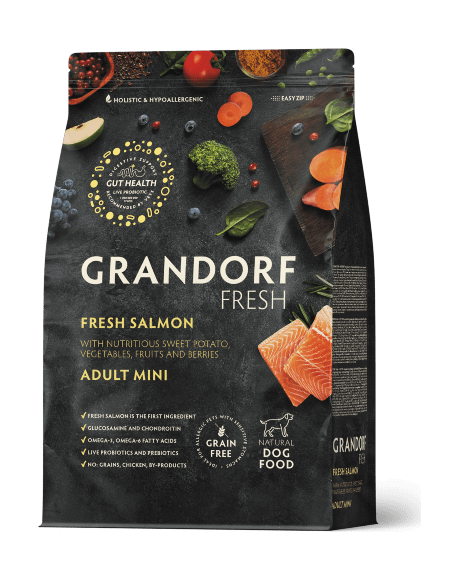 Grandorf Fresh Dog Salmon Mini - Сухой корм для взрослых собак мелких пород, для здоровья кожи и шерсти или склонных к аллергии, с филе лосося и бататом