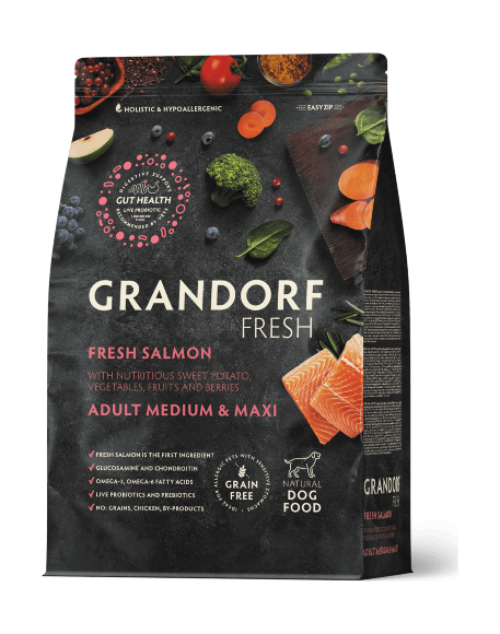 Grandorf Fresh Dog Salmon Med&Maxi - Сухой корм для взрослых собак средних и крупных пород, для здоровья кожи и шерсти или склонных к аллергии, с лососем и бататом