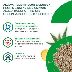 Alleva Холистик - Беззерновой корм для взрослых собак средних и крупных пород, Ягненок с Олениной, Коноплей и Женьшенем