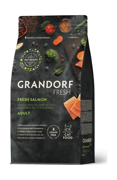 58199.580 Grandorf Fresh Cat Salmon - Syhoi korm dlya vzroslih koshek , dlya zdorovya koji i shersti ili sklonnih k allergii, s lososem i batatom kypit v zoomagazine «PetXP» Grandorf Fresh Cat Salmon - Сухой корм для взрослых кошек , для здоровья кожи и шерсти или склонных к аллергии, с лососем и бататом