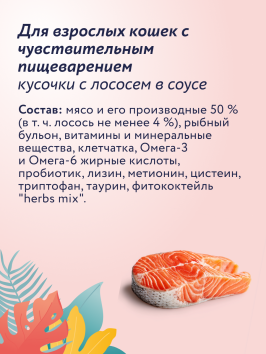 Florida - Паучи для кошек с чувствительным пищеварением, кусочки с лососем в соусе 85гр