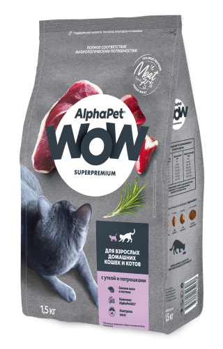 AlphaPet Wow - Сухой корм для взрослых домашних котов и кошек, с Уткой и Потрошками