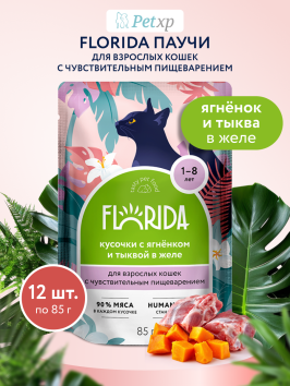 Florida - Паучи для взрослых кошек с чувствительным пищеварением, Кусочки с Ягненком и Тыквой в желе, 85гр