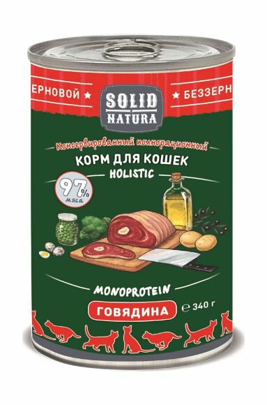 Solid Natura Holistic - Корм консервированный для кошек, беззерновой, Говядина, 340г