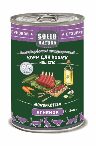 Solid Natura Holistic - Корм консервированный для кошек, беззерновой, Ягненок, 340г