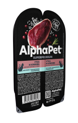 AlphaPet СуперПремиум - Консервы для взрослых кошек, с чувствительным пищеварением, с Уткой и Клюквой в соусе 80 гр